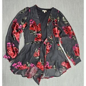 GB Gianni Bini Women's Black Sheer Floral Blouse Velvet Red Pink Tie Waist Sz M